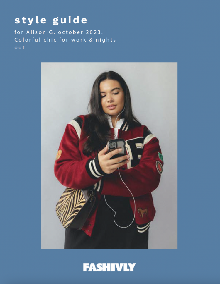 A screenshot of the cover from my Fashivly personalized style guide. It has my name, the season, the Fashivly logo and a photo of a model holding a handbag.